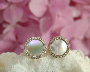 Studs 8 mm White Mother of Pearl disc Set 14 ct. Yellow Gold Surrounded by White Diamonds (48 Stones) 14 mm with setting Total Setting 12.5 mm